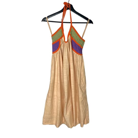 Vintage Dresses & Skirts - Vintage 70s Bill Tice Tan Multicolor Knee Length Halter Dress 8